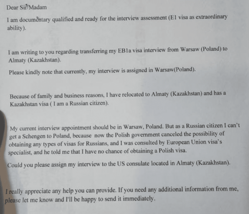 Sample letter asking the consulate to move the interview to another city