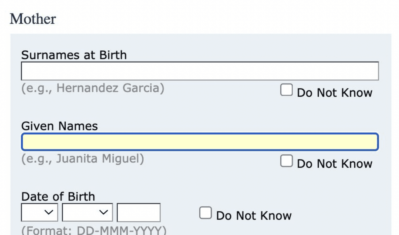 DS-260: parents' birth-surname and given-name fields (tick Do Not Know if unknown)