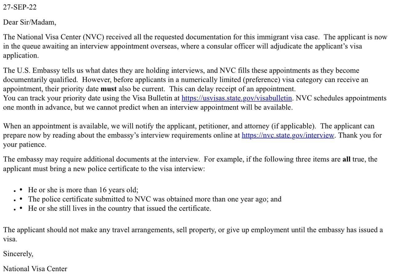 NVC letter: documentation received, case is documentarily qualified (DQ)